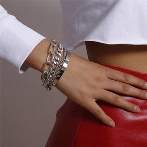 Women's Boho Thick Silver Charm Bracelets 4PC Set Bangles Punk